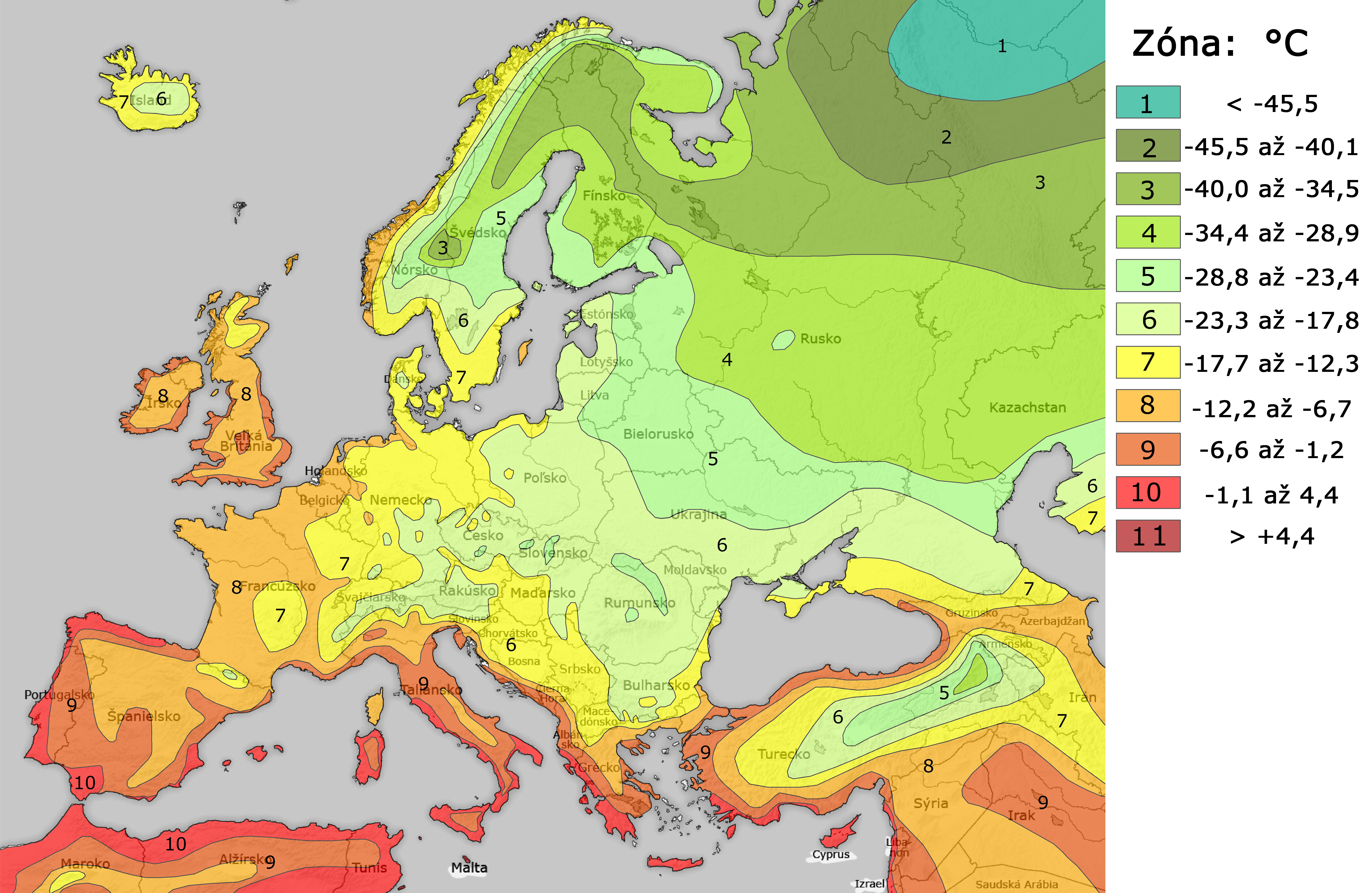 Zóny mrazuvzdornosti v Európe Zóny mrazuvzdornosti v Európe